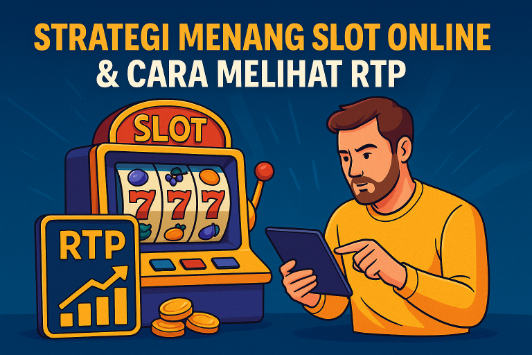 Ilustrasi digital berwarna menampilkan tips bermain slot online dengan strategi melihat RTP yang menguntungkan.